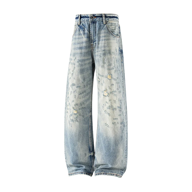 

14.5oz 100% Cotton Washed Loose Straight-leg Jeans for Men American Casual Ripped Distressed Selvedge Denim Pants Autumn Winter