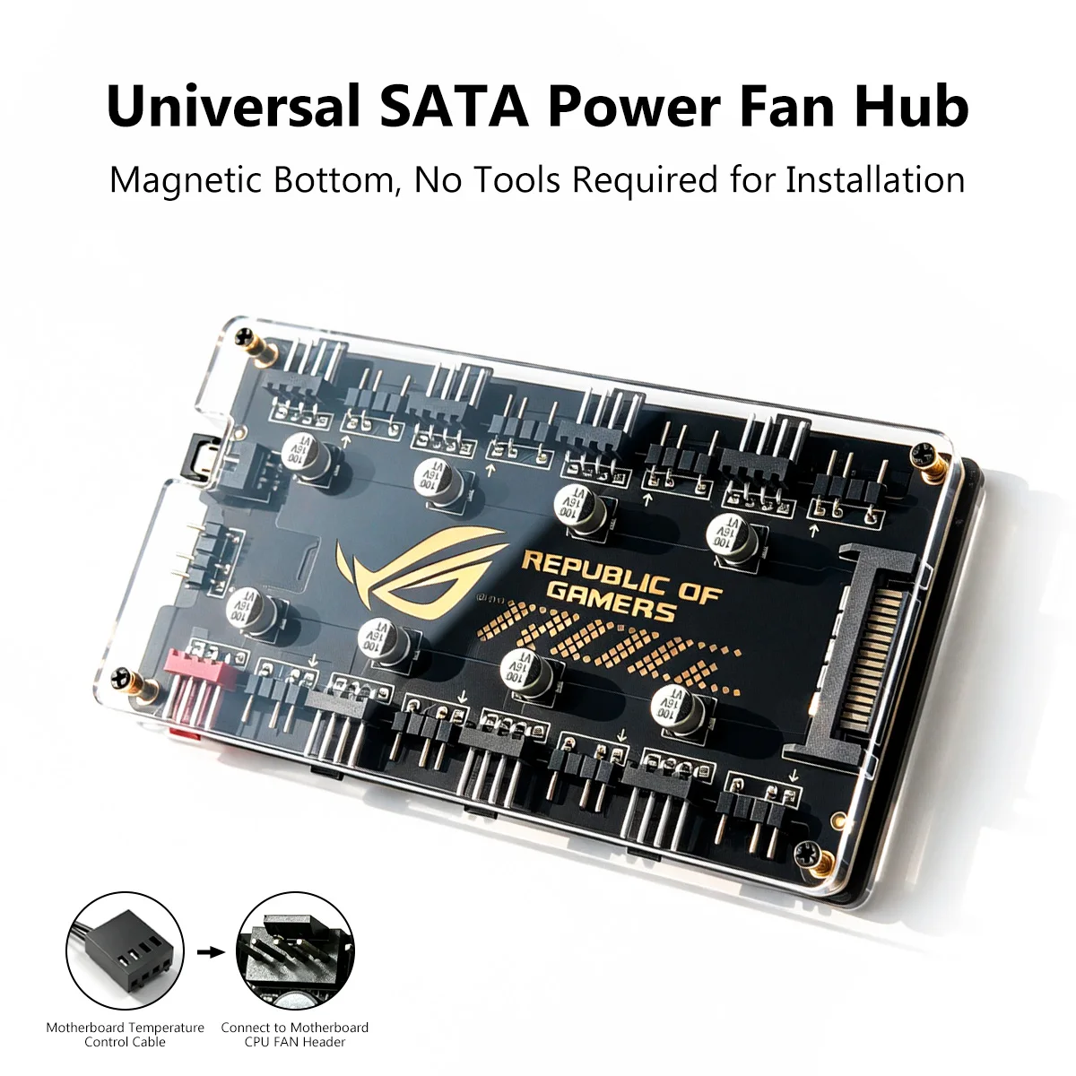Dual 8-port ARGB+PWM Fan Hub Supporting ARGB Lighting Synchronization, SATA Power Supply, and Magnetic Back Design.