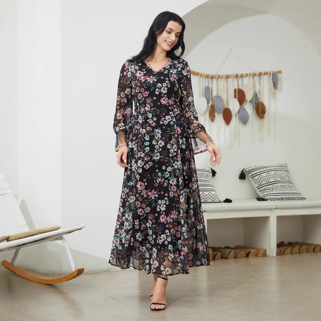 Spring Summer Muslim Fashion Women's Printed Elegant Loose Trendy Casual Basic Long Sleeve Ankle Length Dresses Female Clothes