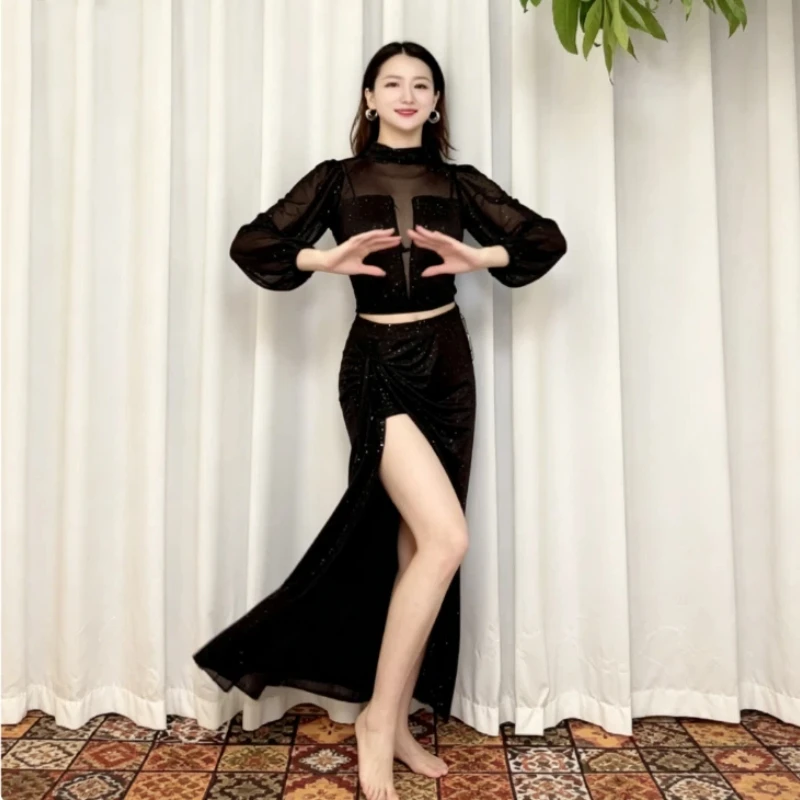 

New Belly Dance Costume Oriental Dance Costume Sprinkle Silver Ice Silk Splicing Mesh Lace Oblique Skirt Set Premium