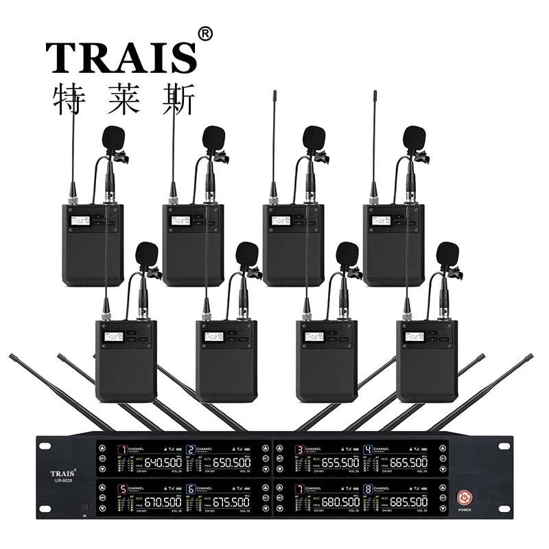 Professional Wireless PLL Microphone 8 Channels Lavalier Headset Bodypack Microphone