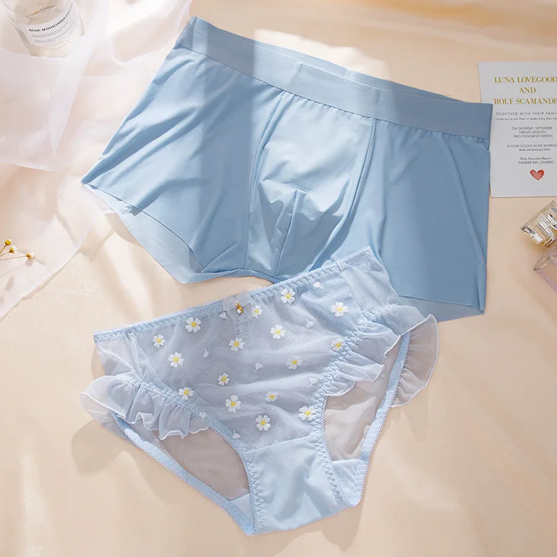 Cute Couple Underwear Set 2Pcs Men Boxer Shorts Loli Lace Women Panties Cozy Lingerie Lovers Underpants Transparent Lingerie