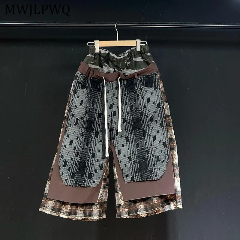 

MWJLPWQ Design 2025 New Camouflage Plaid Casual Pants High Street Double Waist Spliced Niched Design Unisex Shorts Summer 11094