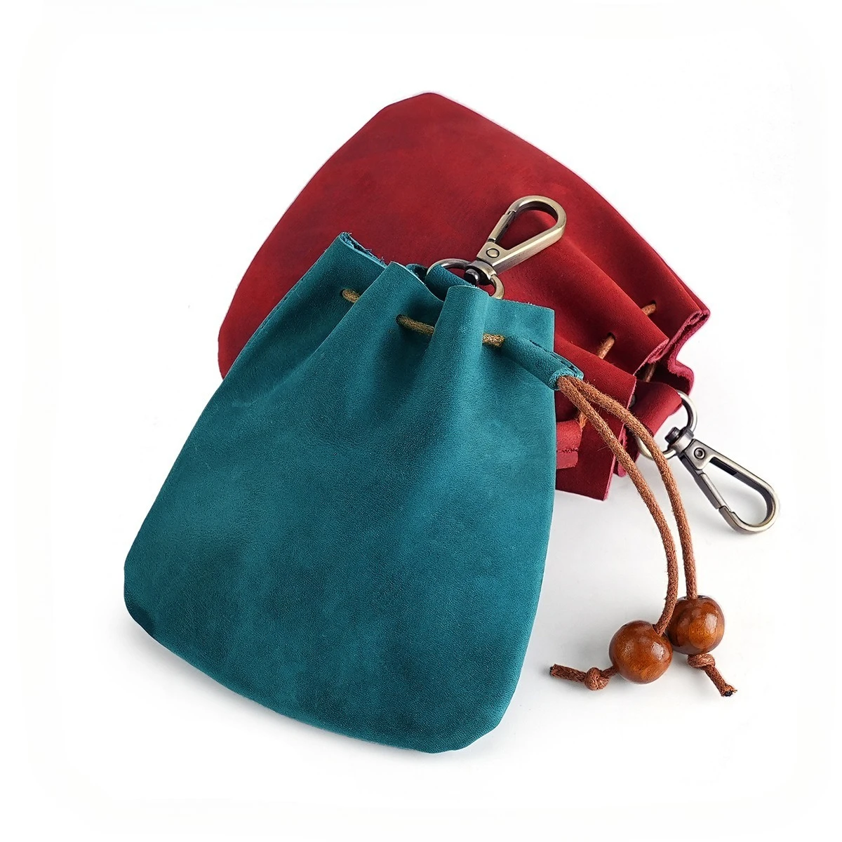 Vintage Genuine Leather Drawstring Coin Bag,Men's Lobster Clasp Hanging Pouch, Mini Change Organizer for Coins Keys Cards Cash