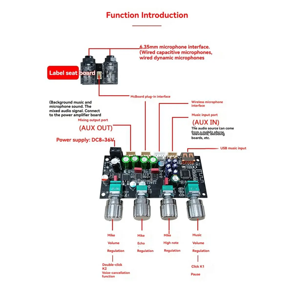 

Punctual- DC8-36V AMP Upgrade Karaoke Reverb Board Professional Microphone Preamplifier DSP Mixing Module Anti-Whistle with HT21