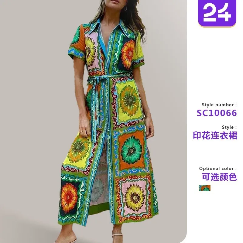 

Bohemian Printed Lace Up Long Dress Women Summer Fashion Elegant Casual Button Loose Maxi Dresses Vintage Short Sleeve Vestidos