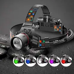 LED Headlamp 3 Modes Zoomable Headlight USB 18650 Head Torch Fishing Light White Red Blue Green 395nm UV Hunting Flashlight Lamp