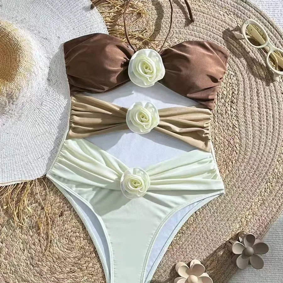 2025 new cross-border bikini split swimsuit ins multi-color three-dimensional flower hanging neck bikini swimsuit for women