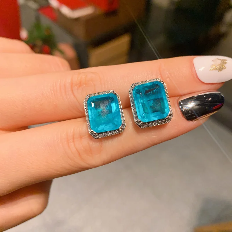 Jewelry European and American Fashion Imitation Paraiba Diamond Women's Eardrops Stud Earrings Main 12*16 9*12