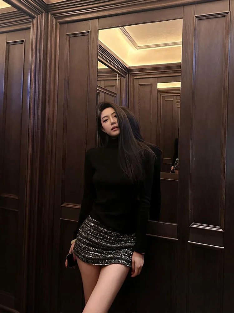 

Женская облегающая юбка-трапеция с пайетками и высокой талией, осенне-зимняя, элегантная, приталенная, короткая, с эффектом утягивания фигуры