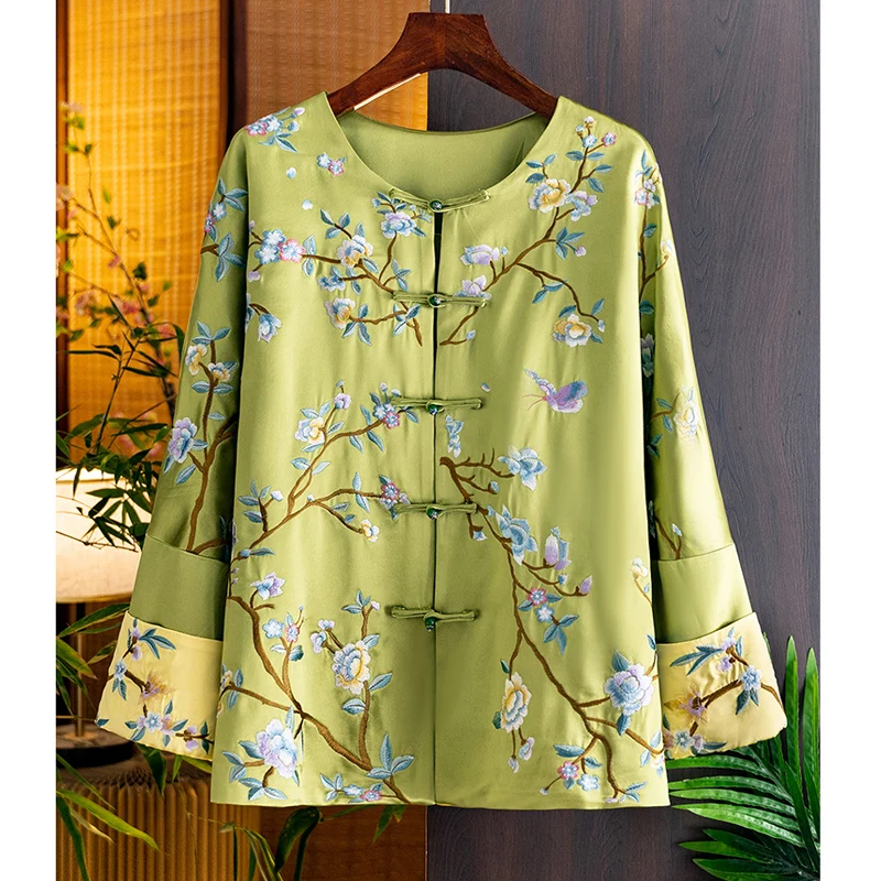 Green Satin Acetate Women 2023 Autumn New Elegant Chinese Style Embroidery Beaded Single Breasted Contrast Color Cuff Top S-XXL