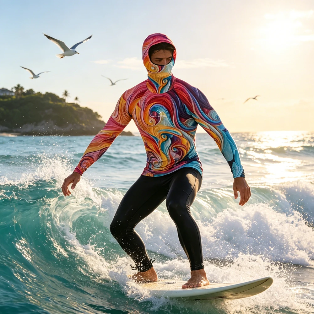

Hooded Men Rash Guard Long Sleeve Surf Shirt Breathable Surfing Clothing Sailing Top Wear Comfortable Water Sport Beach Surf Top