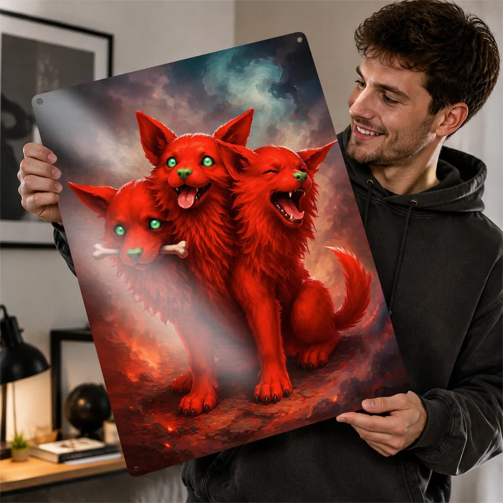 Three Headed Red Dog With Bone Textured Metal Poster Cartoon Wall Art For Gaming Room Personalized Aluminum Sign Collector Gift