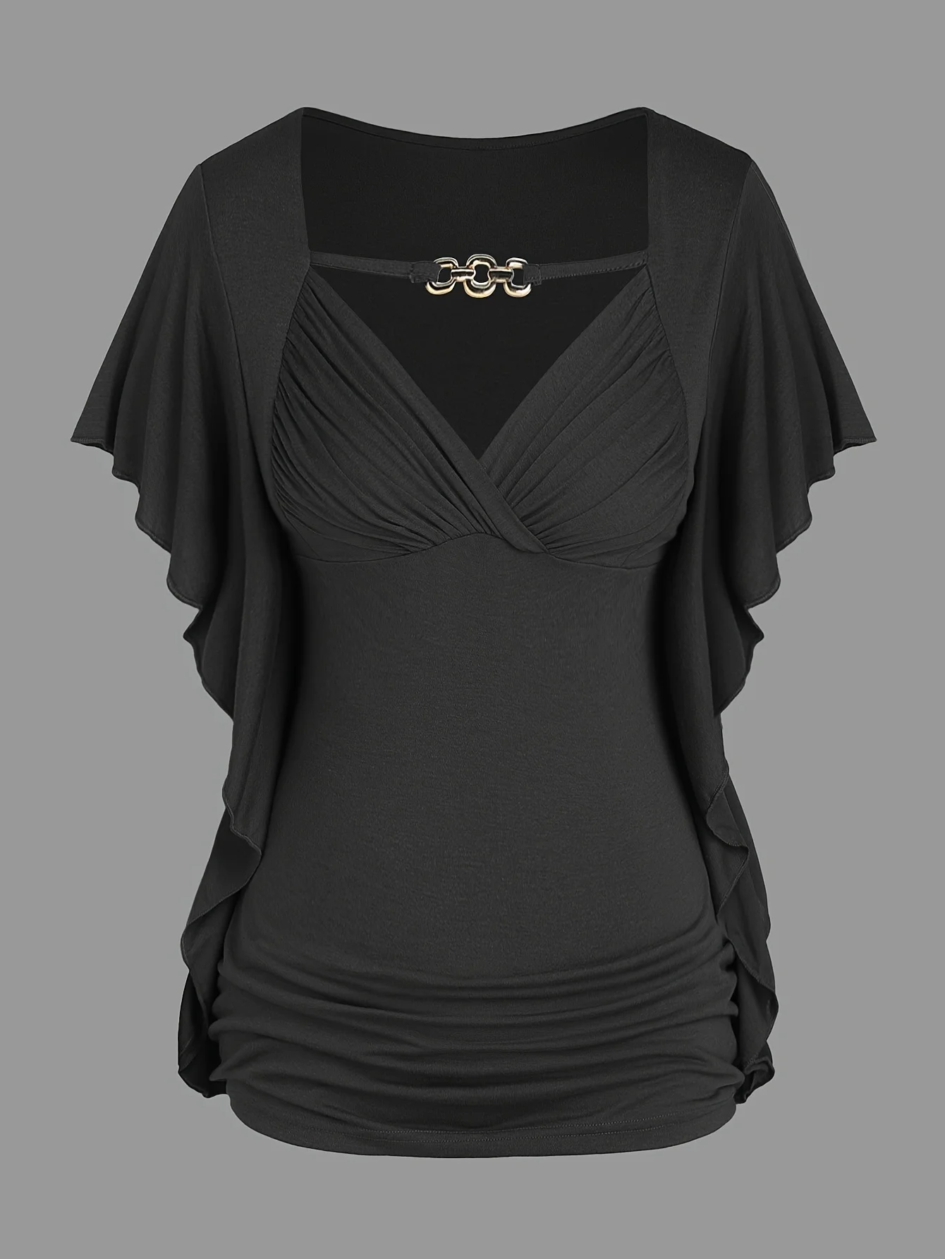 2025, beliebter Stil, großes Damen-T-Shirt mit Schmetterlingsärmeln, Rüschen und Falten, einfarbig, schräge Knopfleiste – Detail 7