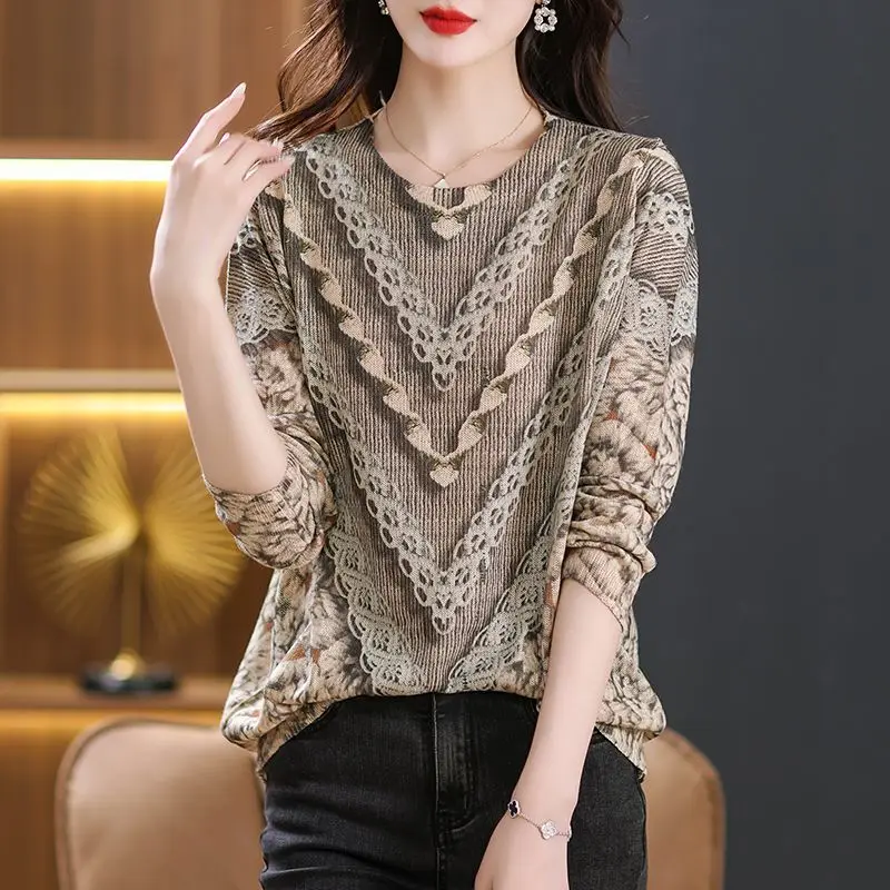 

Vintage Printed Loose Knitted Pullovers Casual Round Neck Female Clothing Fashion Long Sleeve Spring Autumn All-match T-shirt