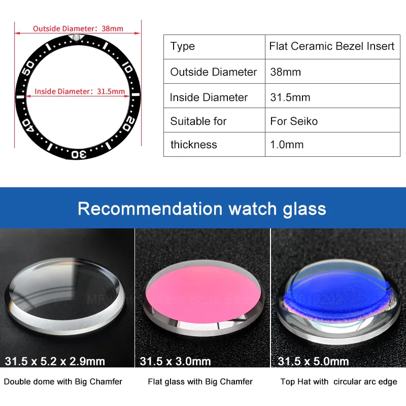 Flat Ceramic Bezel insert 38*31.5mm  Luminous  pip at 12 For Seiko SKX007 SKX009 watch parts