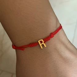 Handmade Steel A-Z Letter Charm Red Rope Wristband Bracelet Adjustable Causal String Strand Thread Arm Cuff Making Jewelry