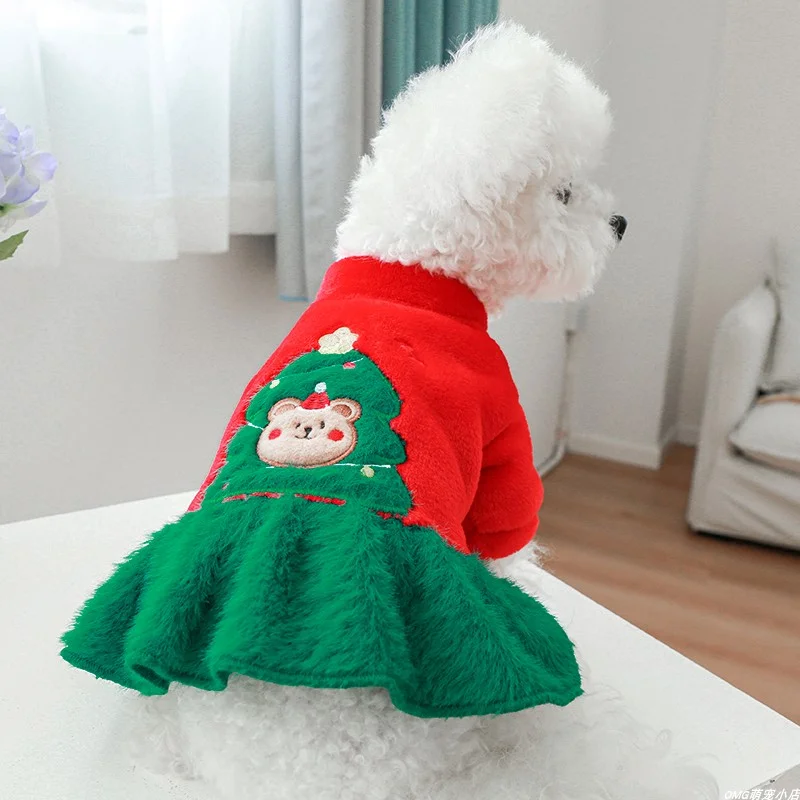 1PC pet clothing autumn and winter plush thick Christmas tree teddy bear princess dress suitable for small and medium-sized dogs