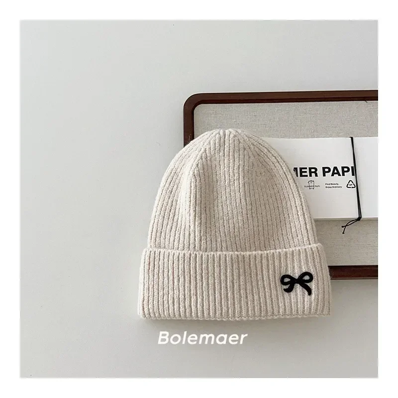 1 Piece 2024 New Fashion Knitted Hat for Kids Girl Sweet Embroidery Bow Kids Girl Beanie Cute Autumn Winter Warm Elastic Hat