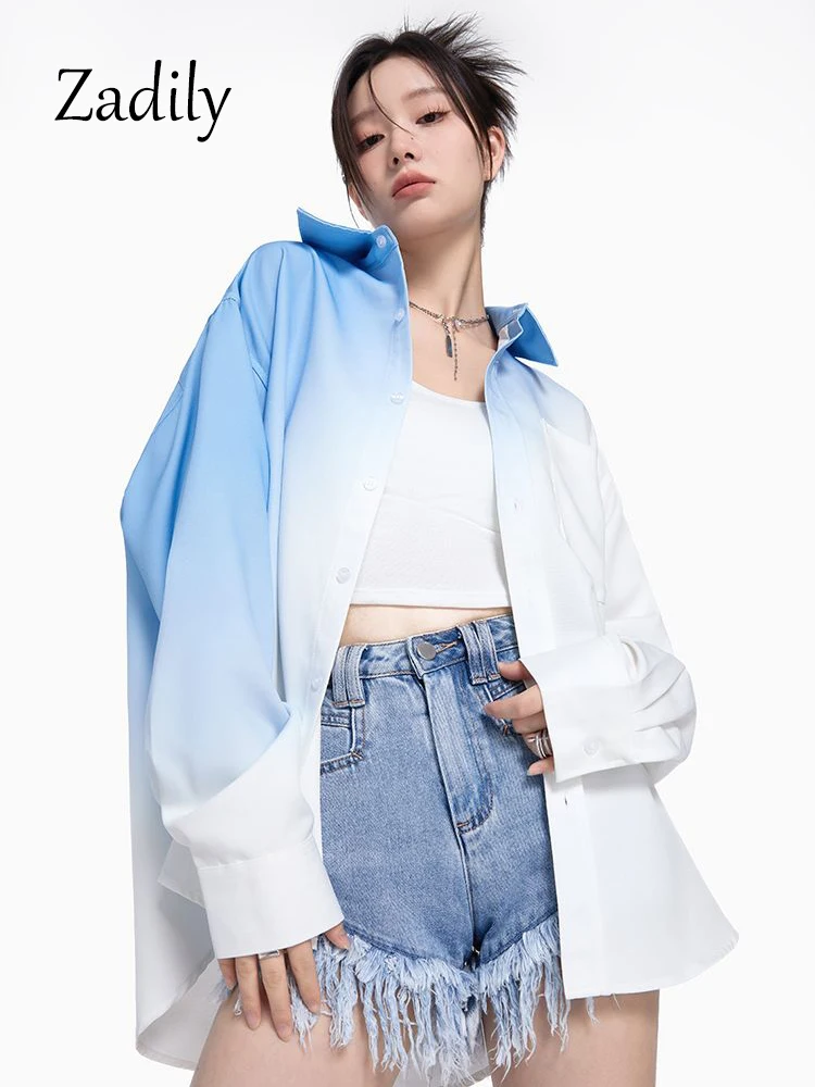 Zadily 2023 Summer Unisex Long Sleeve gradient Women White Shirt Oversize Button Up Woman Blouse Streetwear Female Clothing Tops