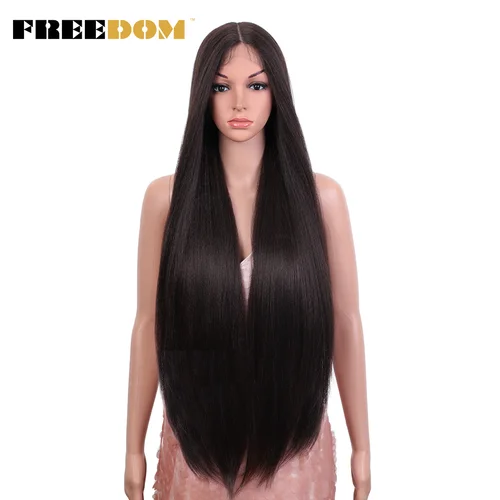 Imagen 1 del producto FREEDOM-Peluca de encaje sintético para mujer, pelo liso Yaki, ombré color marrón, de 36 pulgadas, parte media, largo, azul y rosa, para Cosplay