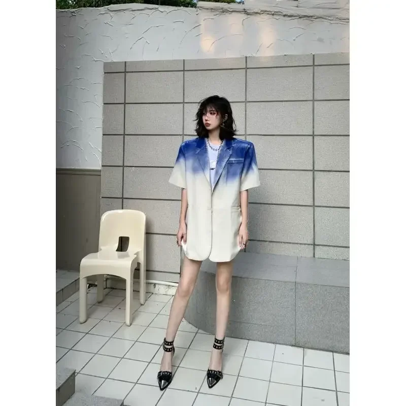 Insozkdg Fashion Suit Coat Women 2024 New Summer Gradient Tie Dye Klein Blue Loose Short Sleeve Blazer Women High Street Coats