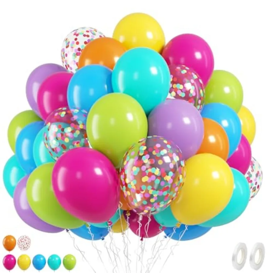 

Balloons, 50 Pcs Summer Balloon, 12 Inch Hot Latex Balloons, Rainbow Confetti Helium Balloon for Baby Shower Birthday Beach Eng
