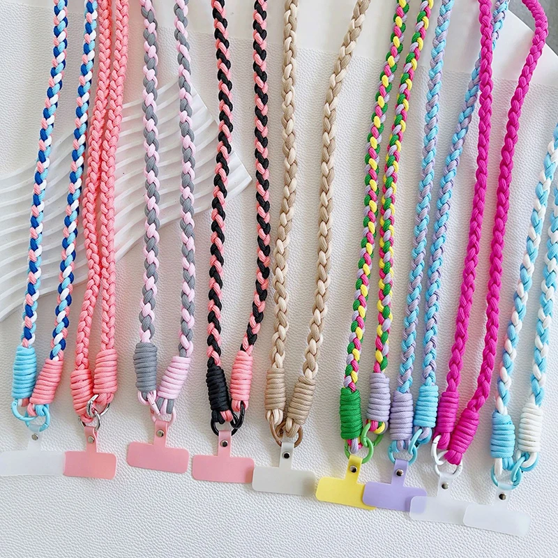 Colorful Braid Phone Charm Cellphone Lanyard Cord With Adapter Tab Mobile Long Solid Cordon