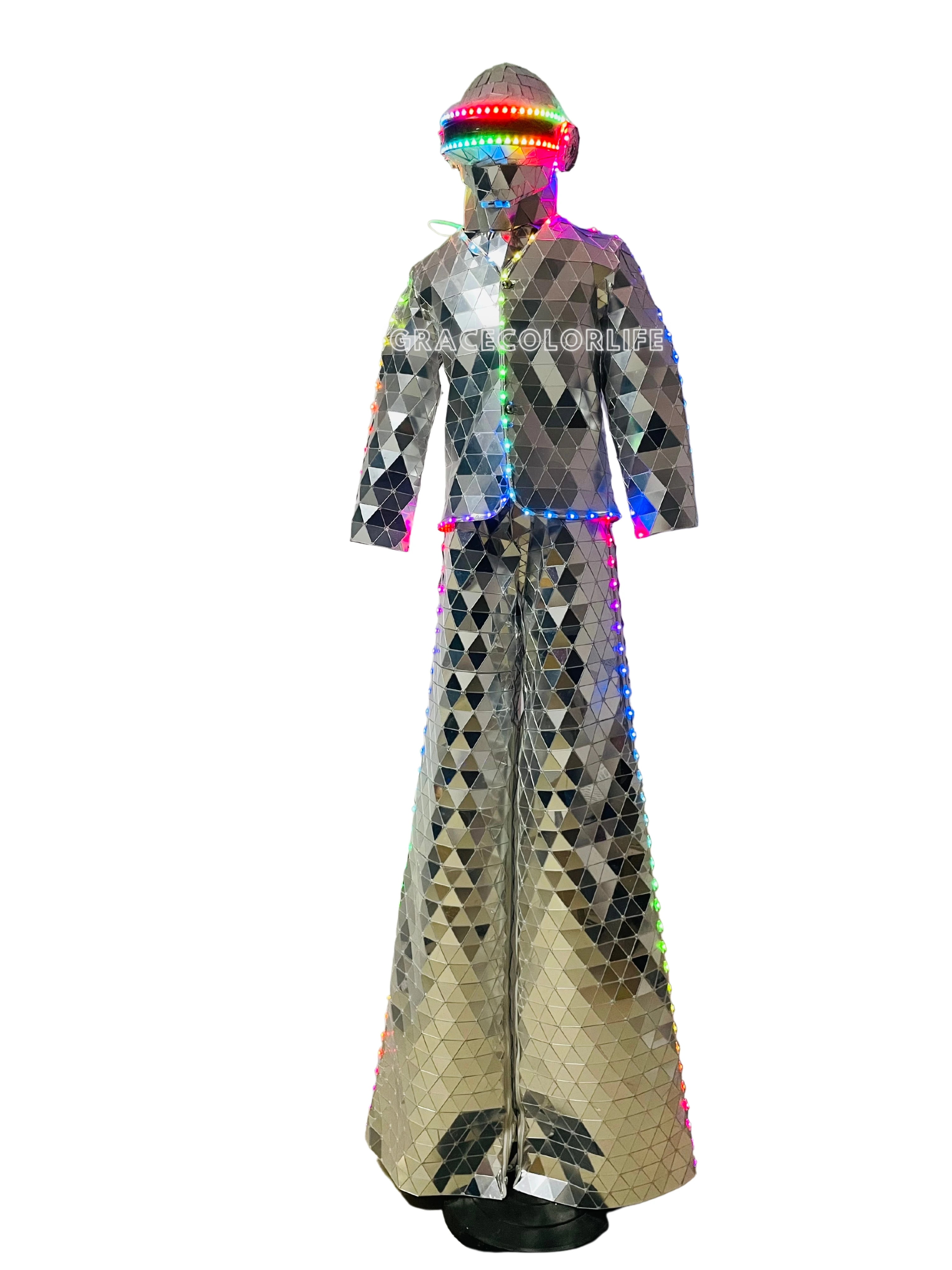 Silver Gold Mirror Show Suit Hand Sewn LED Stilts Walker Stage Performance Suit Dance Clothing for Party Nightclub