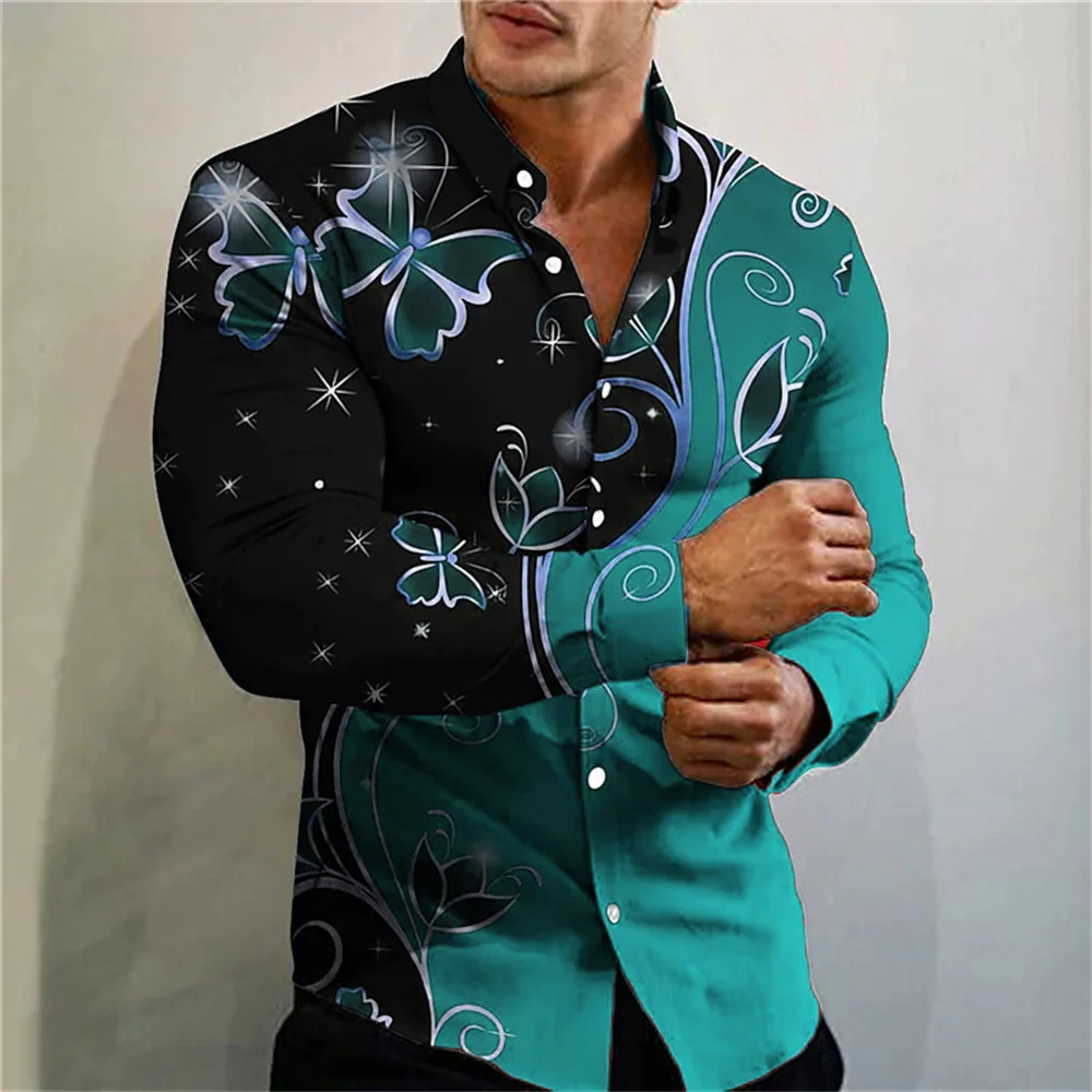 Floral illustration men\'s shirt stylish and comfortable long sleeve shirt outdoor sports streetwear large size men\'s clothing