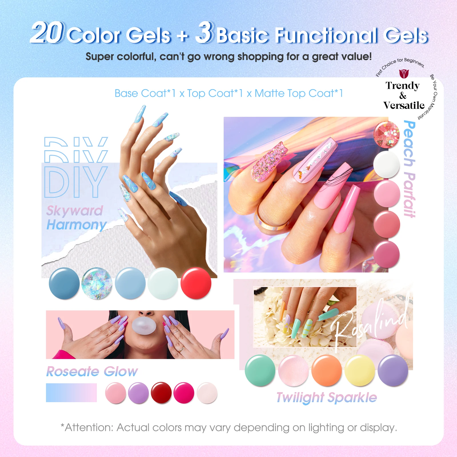ROSALIND-Kit de esmalte de uñas de Gel, 20 colores con capa superior Base, esmalte de uñas en remojo, barnices de Gel semipermanentes híbridos, botella de vidrio