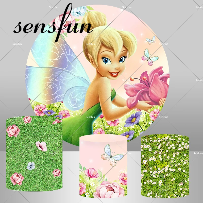 Fairy Princess Thinkerbell Round Backdrop Flowers Green Grass Butterfly Girls Baby Shower Birthday Party Background Plinth Cover