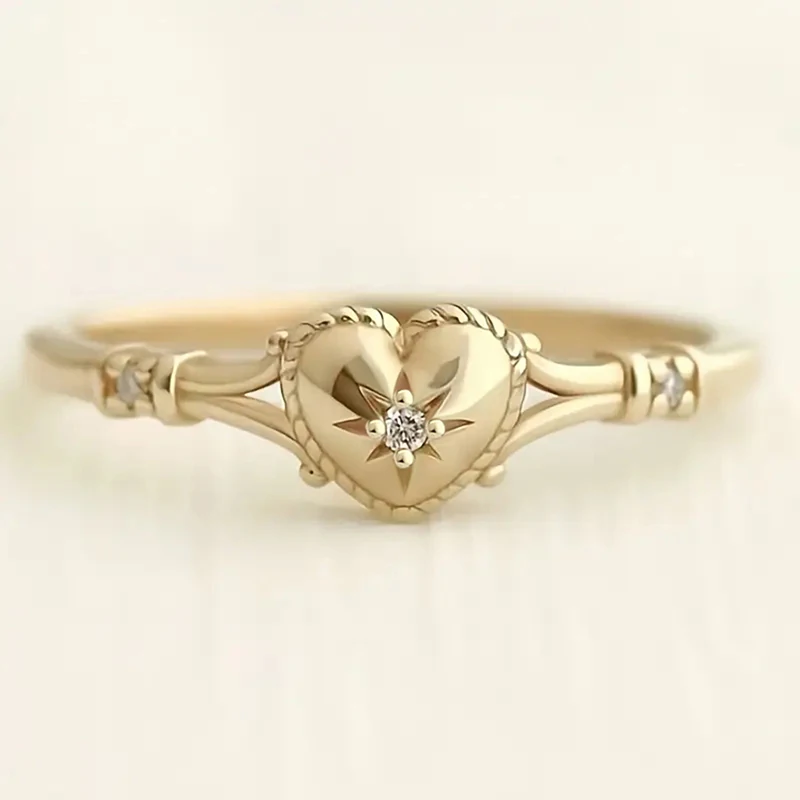Huitan Gold Color Heart Rings with Shiny Cubic Zirconia for Women Delicate Wedding Band Accessories Trendy Engagement Jewelry image 2
