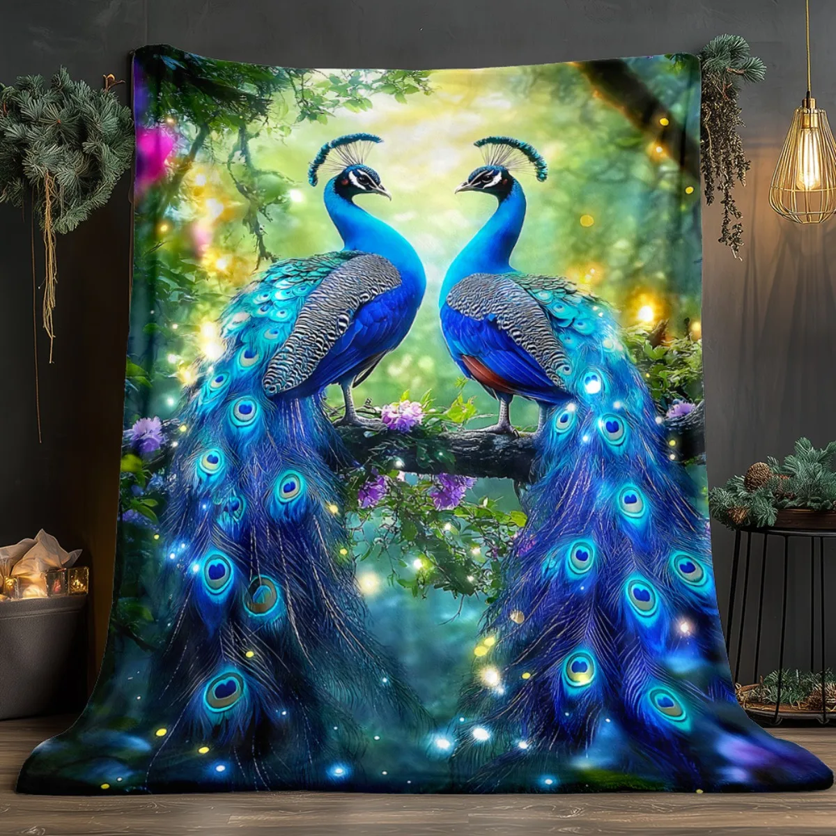 Custom Peacock Blanket Blue Feather Forest Design Personalized Name Fleece Throw All Season Soft Warm Bedding Home Decor Gift