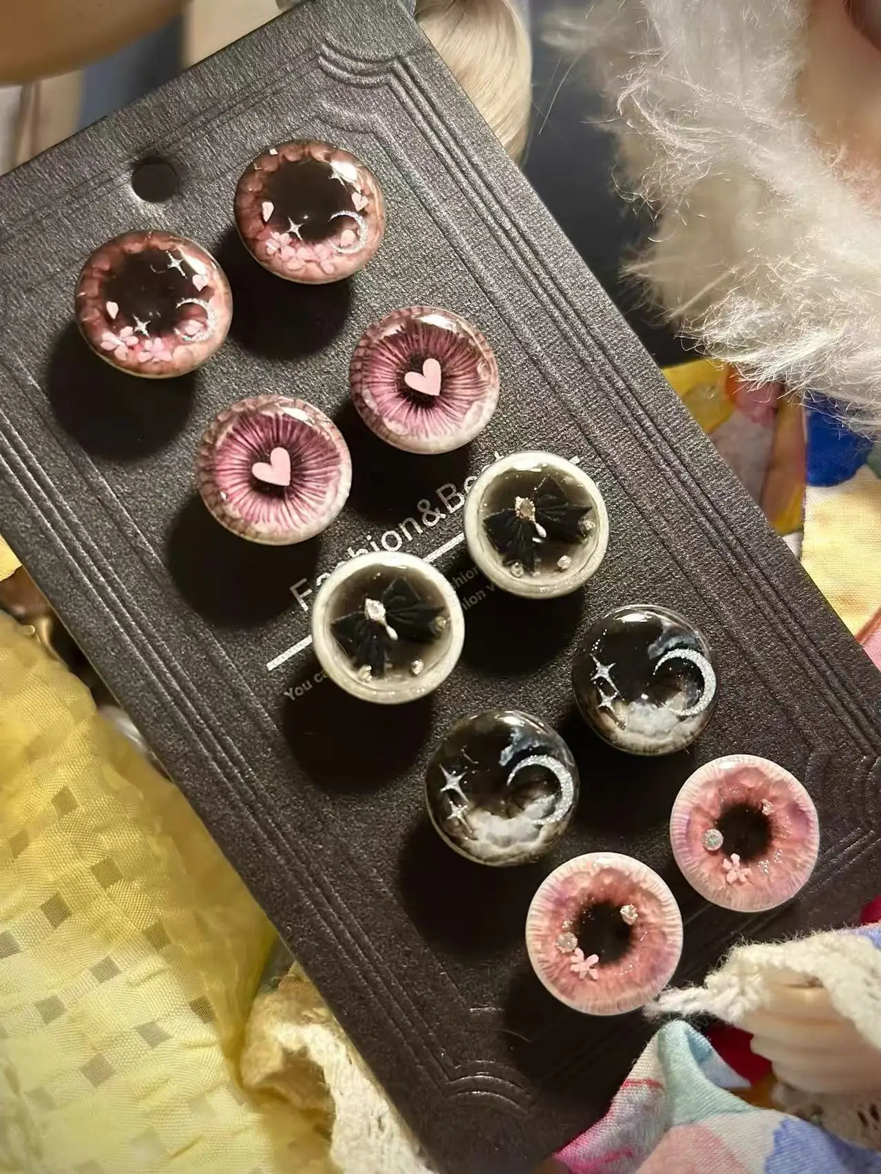 

S Dula Handmade special Three-dimensional glue hand engraving Black bow Magnetism Eyepiece Eye Chips Blythe Doll Accessories