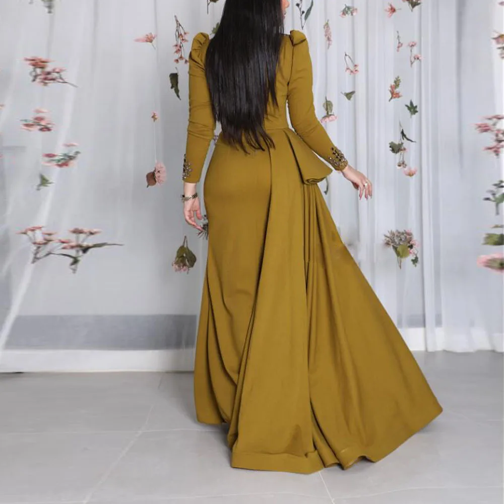 Customized Asymmetrical Neckline Evening Dress Bead Side Train Formal Prom Gown Long Sleeve Mermaid Arabic Dubai robe de soiree