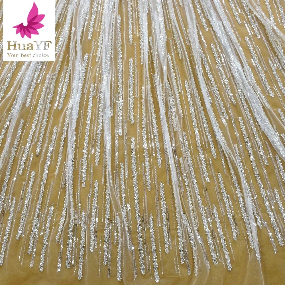 1 Yard Super Shining French White Beaded Crystal Sequins Lace Wedding Bridal African Lace Dress Fabric HY1648-4