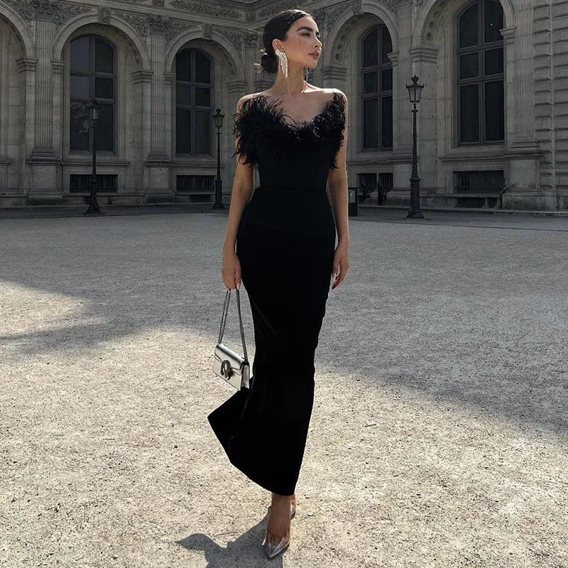 

European And American Strapless Dress Women's 2025 Summer New Foreign Trade V-neck Mao Fishtail Dress