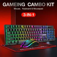 T-WOLF Gaming Keyboard and Mouse Set Colorful Luminous Cable Esports Game Wired Keyboard and Mouse Three Piece Set for Pc Gaming