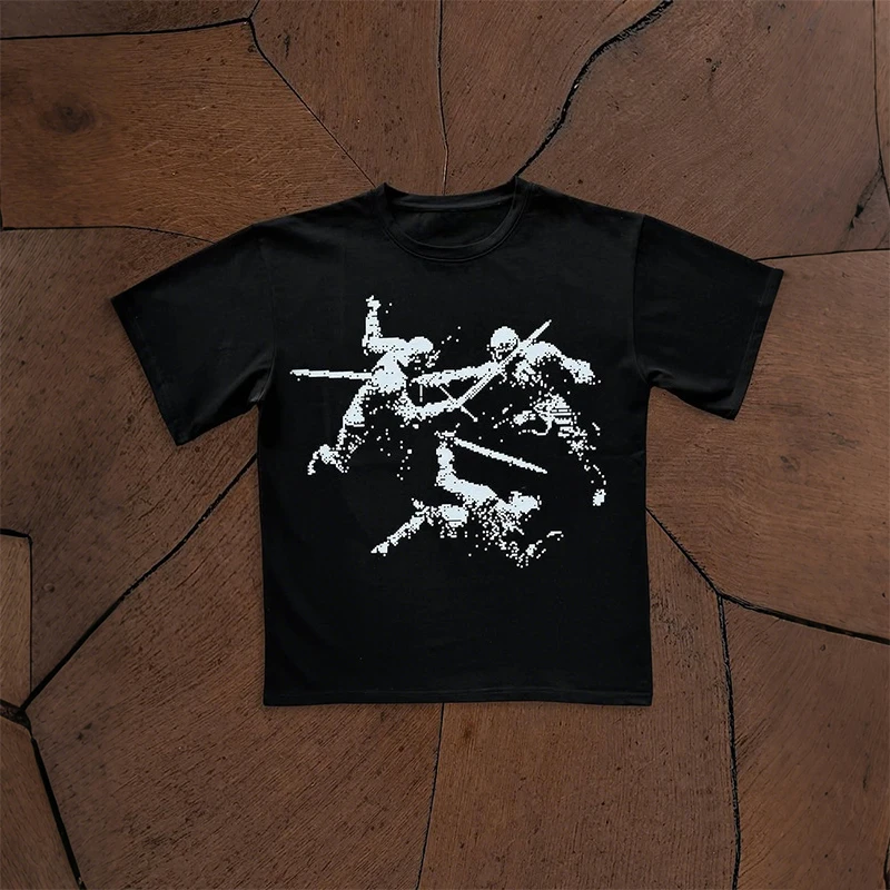 

Splashing Ink Style Samurai Sword Fighting Pattern Printing Casual Short Sleeve T-shirt Y2K Men Women Fashion Trend Streetwear