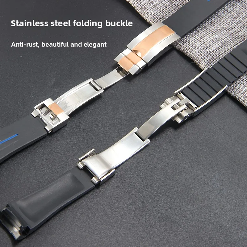 Silicone Watch Accessory for Rolex Black Submariner Datejust Yacht-Master Folding Buckle Curved Interface Lightweight Watchband