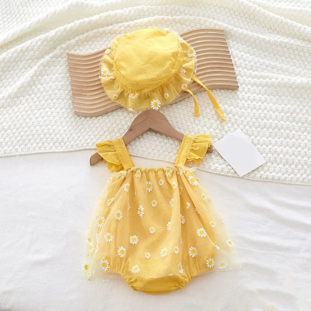Mesh Flower Baby Princess Dress with Hat Sleeveless Sweet Thin Baby Climbing Suit Infant Romper Loose Toddle Jumpsuits Summer