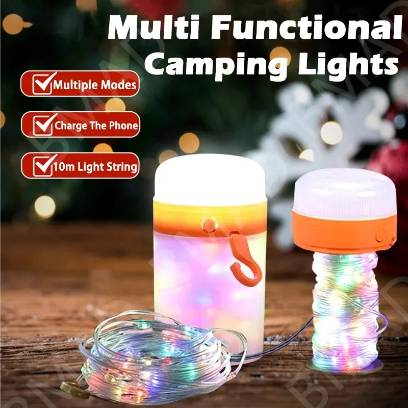 سلسلة أضواء LED قابلة لإعادة الشحن عبر USB بالطاقة الشمسية، أضواء تخييم مقاومة للماء، أضواء محمولة مع خطاف مغناطيسي لحفلات الطوارئ في الحديقة