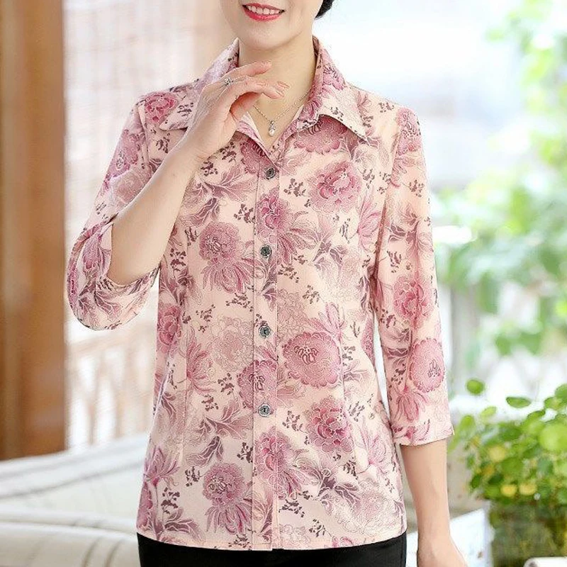 

Middle Aged Elderly Women Clothing Fashion Floral Print Button Shirt Vintage Elegant Lapel Blouse Casual Nine Quarte Ladies Tops