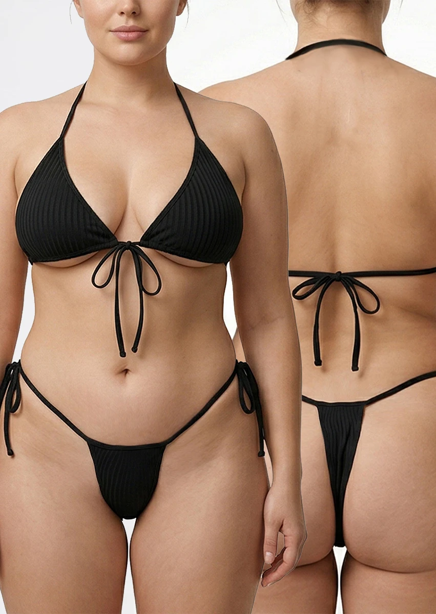 Conjunto de Bikini Halter Tallas Grandes para Mujer, Traje de Baño de Dos Piezas con Cordones y Tanga Brasileña, Color Negro Liso, para Figuras Curvilíneas
