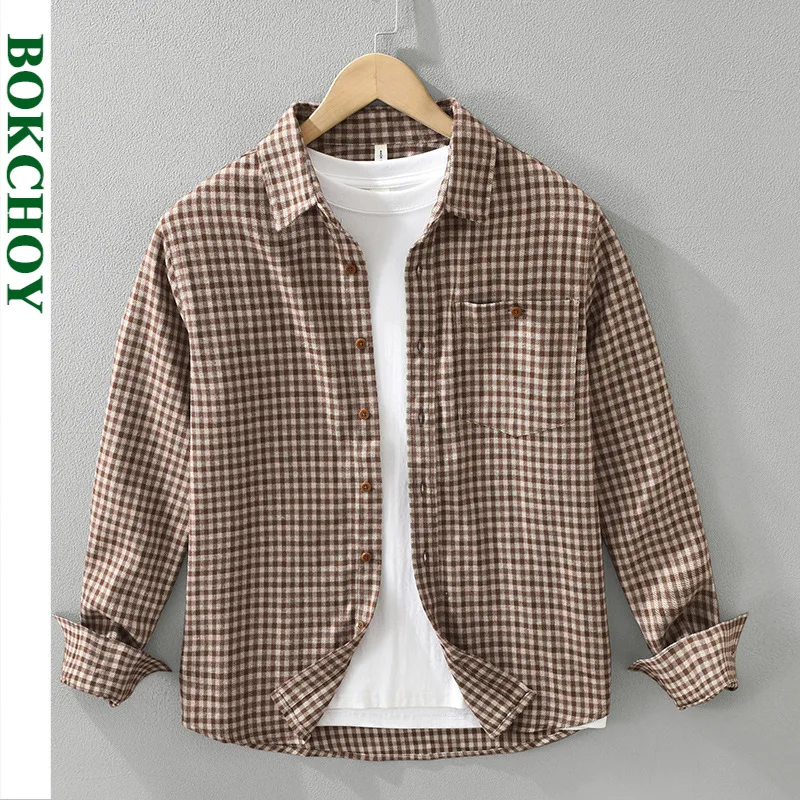 2024 Autumn New Vintage Plaid Long Sleeve Shirts for Men Clothing Trend Big Pockets Soft Men Shirts CM7390