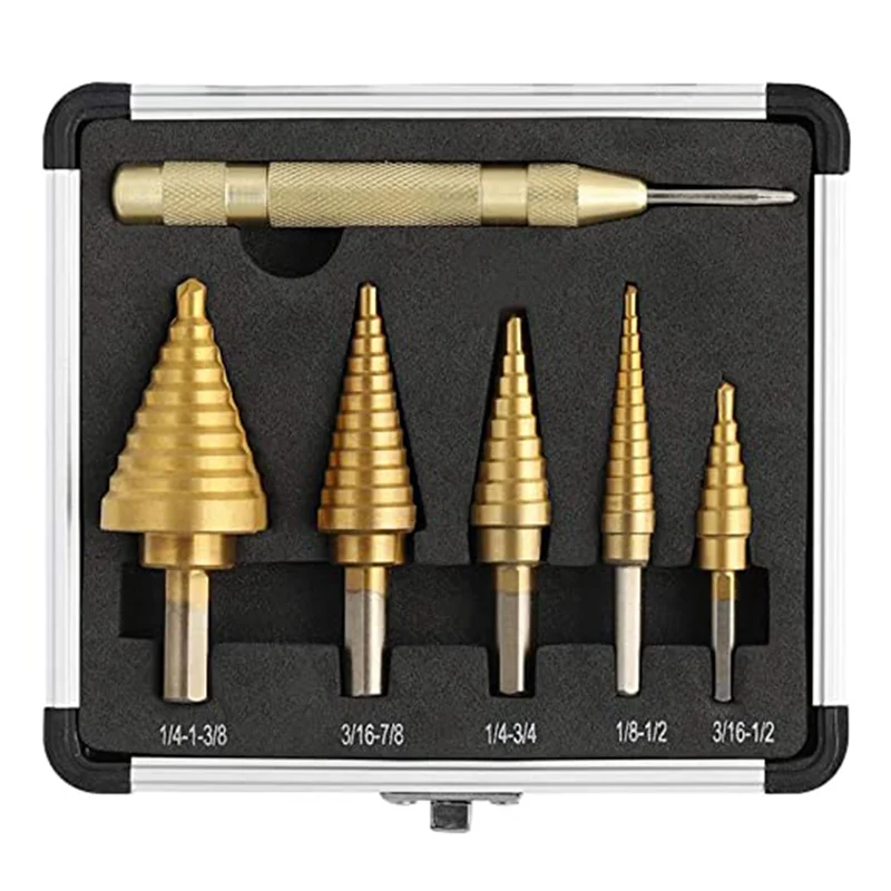 

6 Pack English Pagoda Drill Hand Bit Set Center Punch Combo Tool Hex Spiral Step Drill + Center Punch