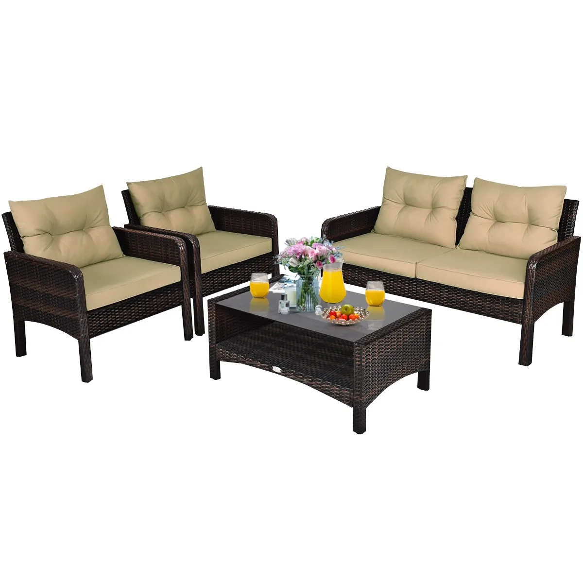 

4PCS Patio Rattan Furniture Set Loveseat Sofa Coffee Table Garden W/ Cushion