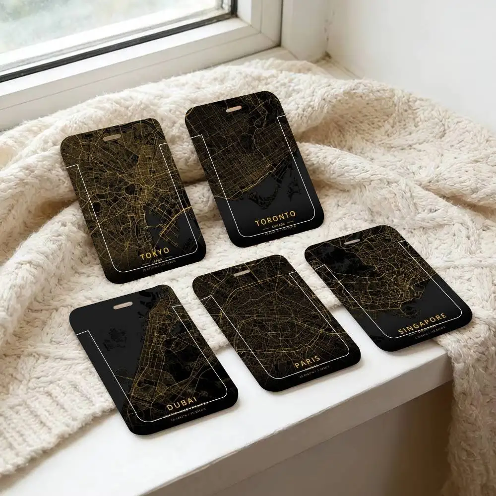 World City Map New York Tokyo ID Card Holder Lanyard Covers Women Men Work Permit Holder Students Kids Bus Cards Case