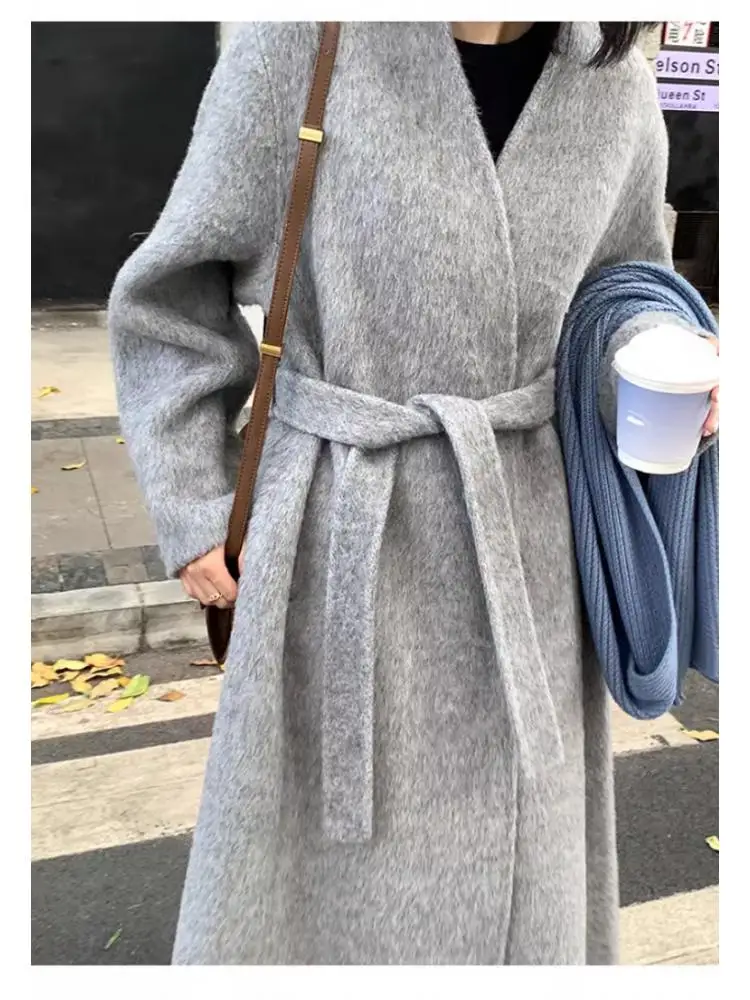 Office Lady Woolen Alpaca Long Jackets 2024 Autumn And Winter V Collar Bathrobe Style Lace Up Tie Women\'s X-Long Wool Coat